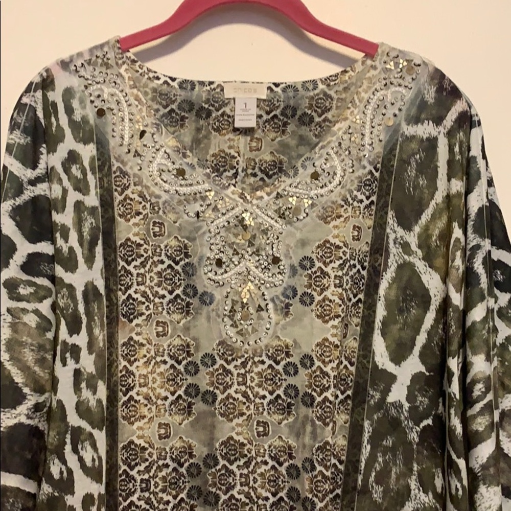 Chico’s Size 1 Green and Gold Beaded V-Neck top